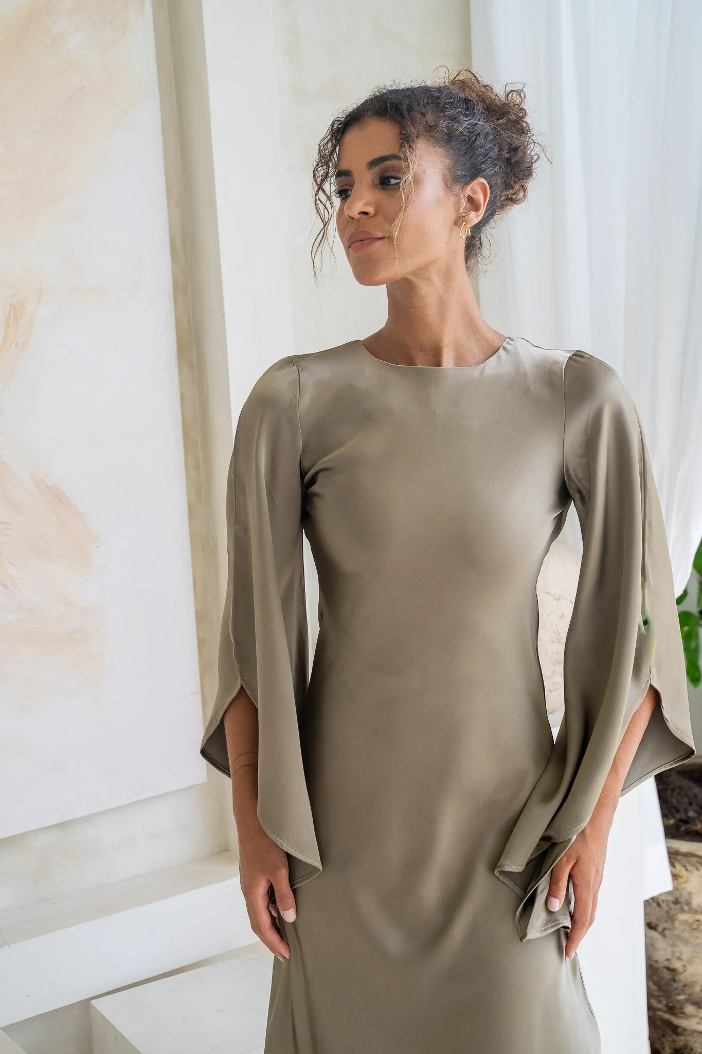 Sandstone Flare & Flow Satin Maxi Dress