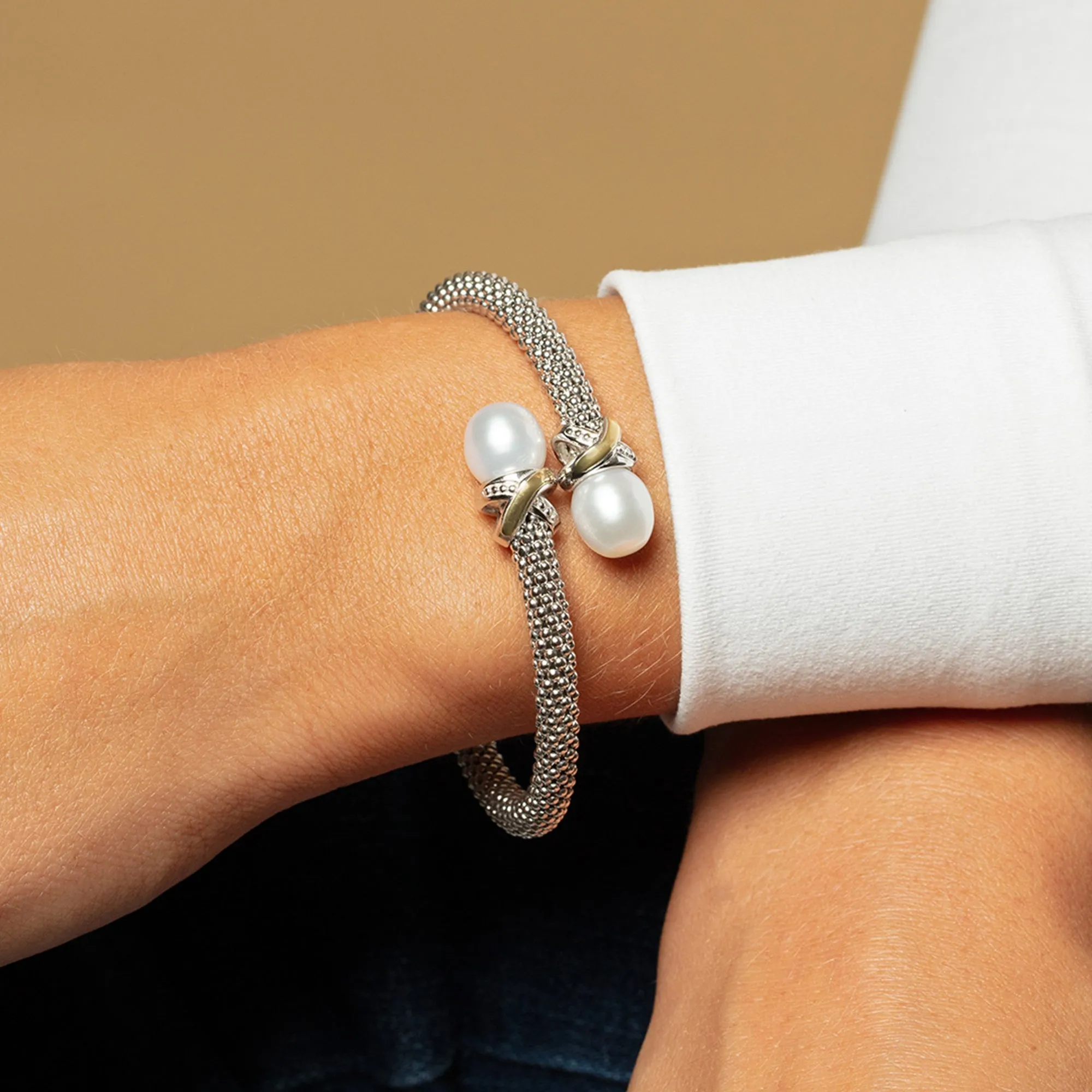 Silver & 18K Gold Prosecco Pearl Bypass X Bangle