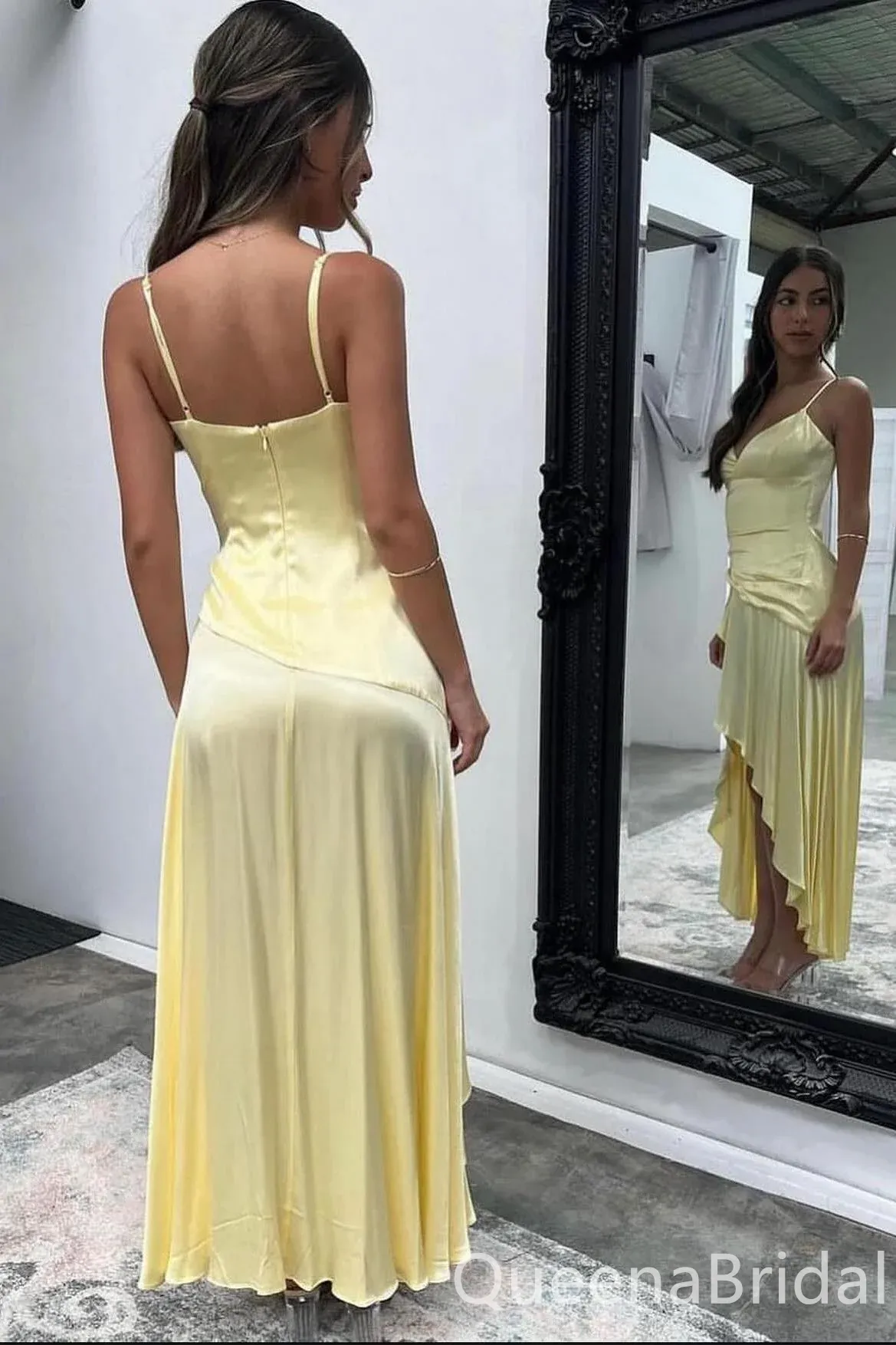 Stylish Light Yellow V Neck Spaghetti Straps Satin A-line Long Prom Dress Online ,WGP1685