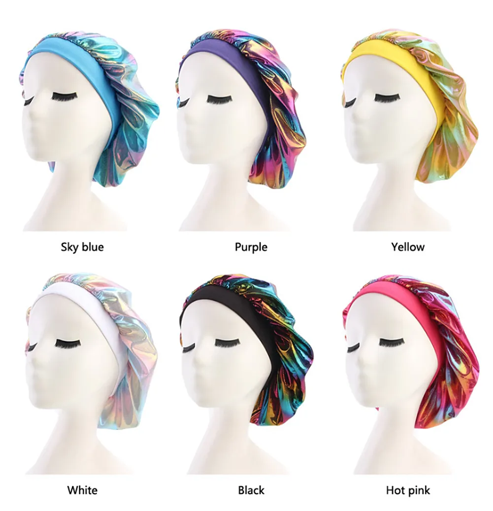 US Women Satin Night Sleep Cap Hair Bonnet Hat Silk Head Cover Wide Elastic Band