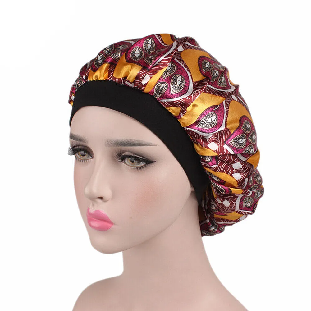 US Women Satin Night Sleep Cap Hair Bonnet Hat Silk Head Cover Wide Elastic Band