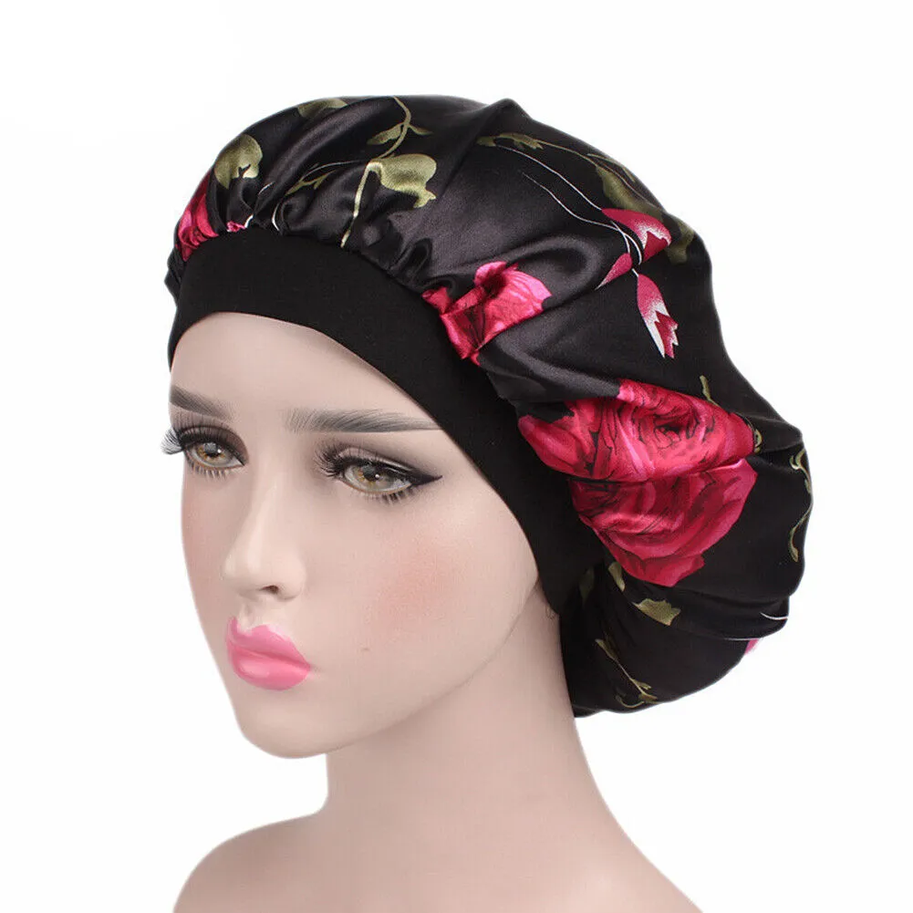 US Women Satin Night Sleep Cap Hair Bonnet Hat Silk Head Cover Wide Elastic Band