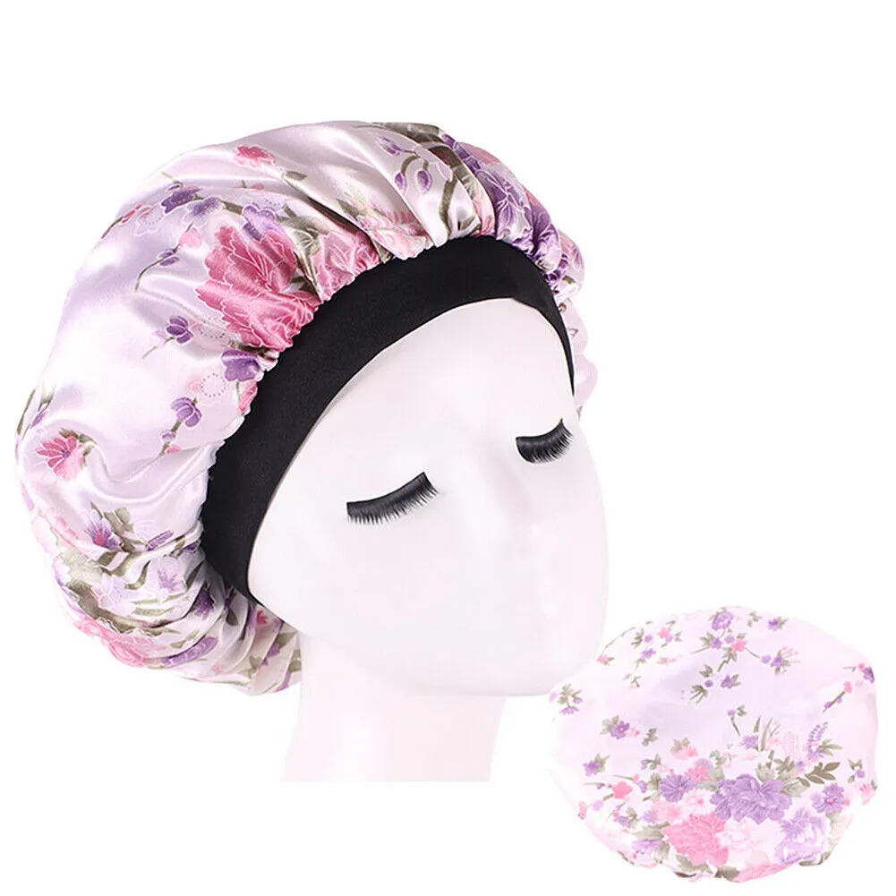 US Women Satin Night Sleep Cap Hair Bonnet Hat Silk Head Cover Wide Elastic Band