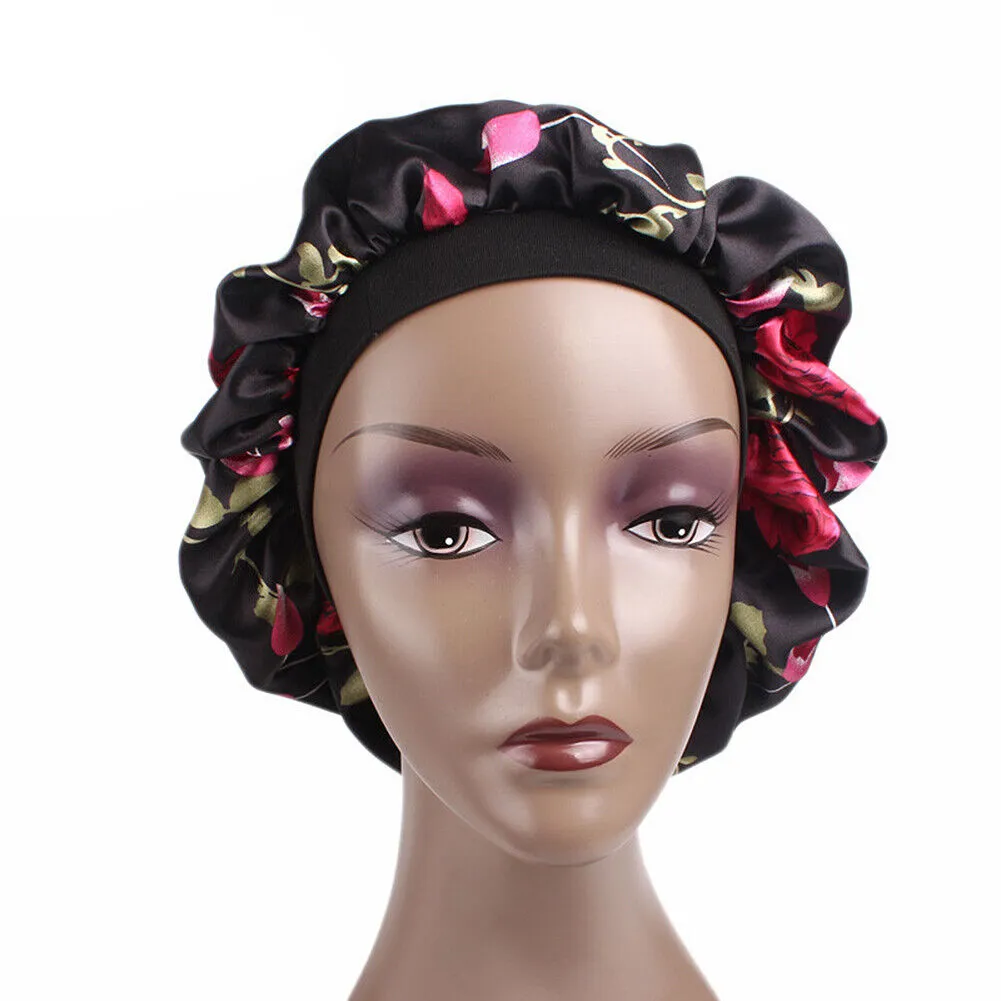 US Women Satin Night Sleep Cap Hair Bonnet Hat Silk Head Cover Wide Elastic Band