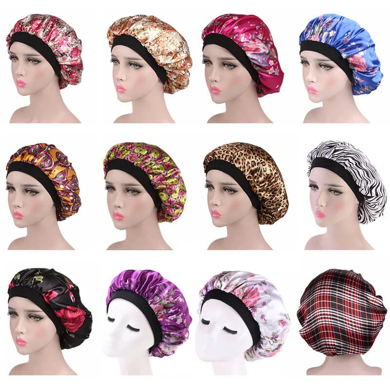 US Women Satin Night Sleep Cap Hair Bonnet Hat Silk Head Cover Wide Elastic Band