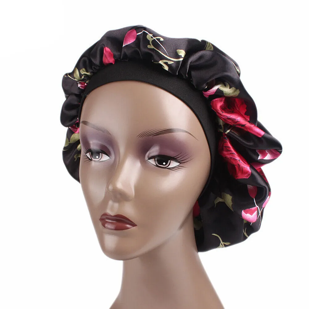 US Women Satin Night Sleep Cap Hair Bonnet Hat Silk Head Cover Wide Elastic Band