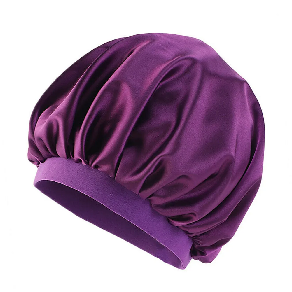US Women Satin Night Sleep Cap Hair Bonnet Hat Silk Head Cover Wide Elastic Band