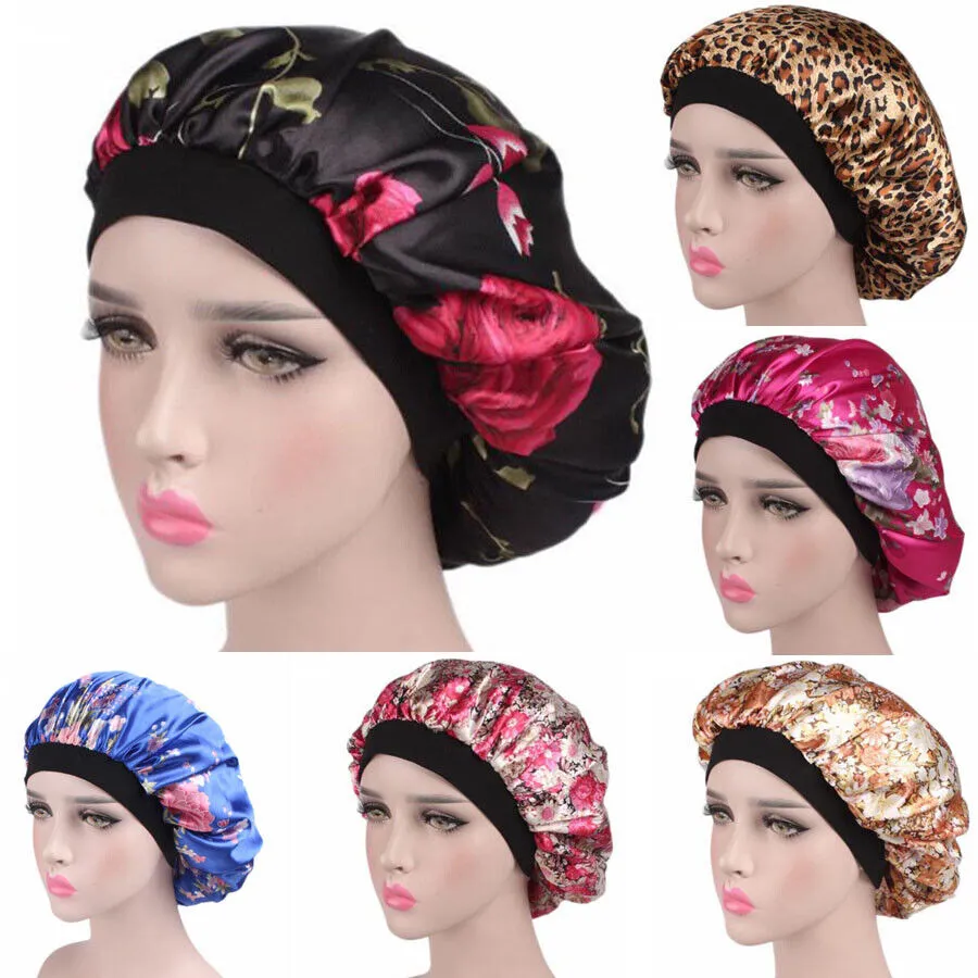 US Women Satin Night Sleep Cap Hair Bonnet Hat Silk Head Cover Wide Elastic Band