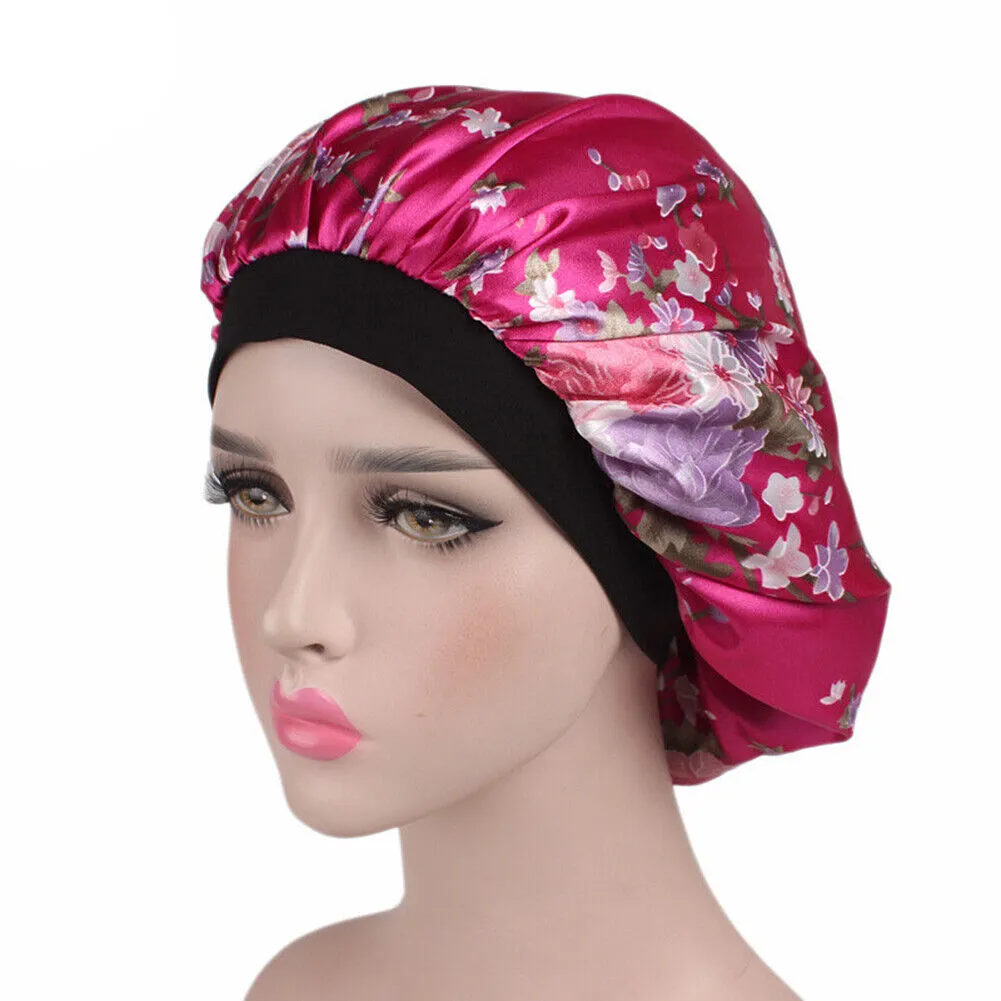 US Women Satin Night Sleep Cap Hair Bonnet Hat Silk Head Cover Wide Elastic Band