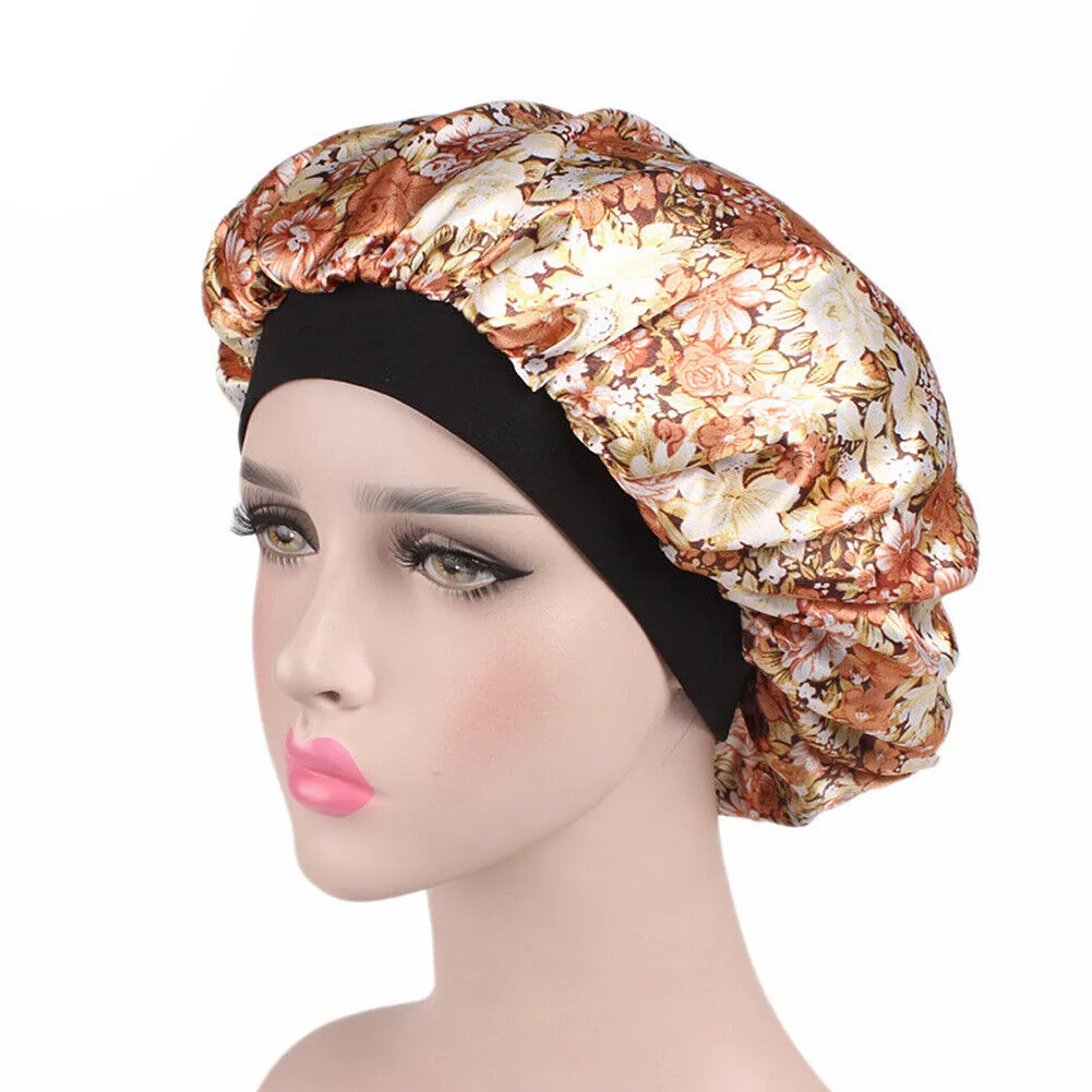 US Women Satin Night Sleep Cap Hair Bonnet Hat Silk Head Cover Wide Elastic Band