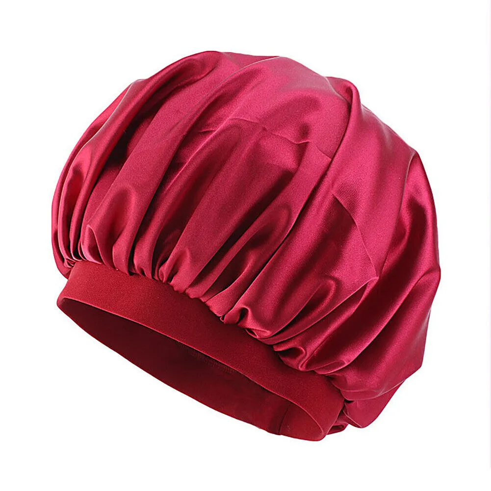 US Women Satin Night Sleep Cap Hair Bonnet Hat Silk Head Cover Wide Elastic Band