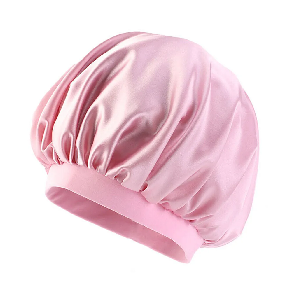 US Women Satin Night Sleep Cap Hair Bonnet Hat Silk Head Cover Wide Elastic Band