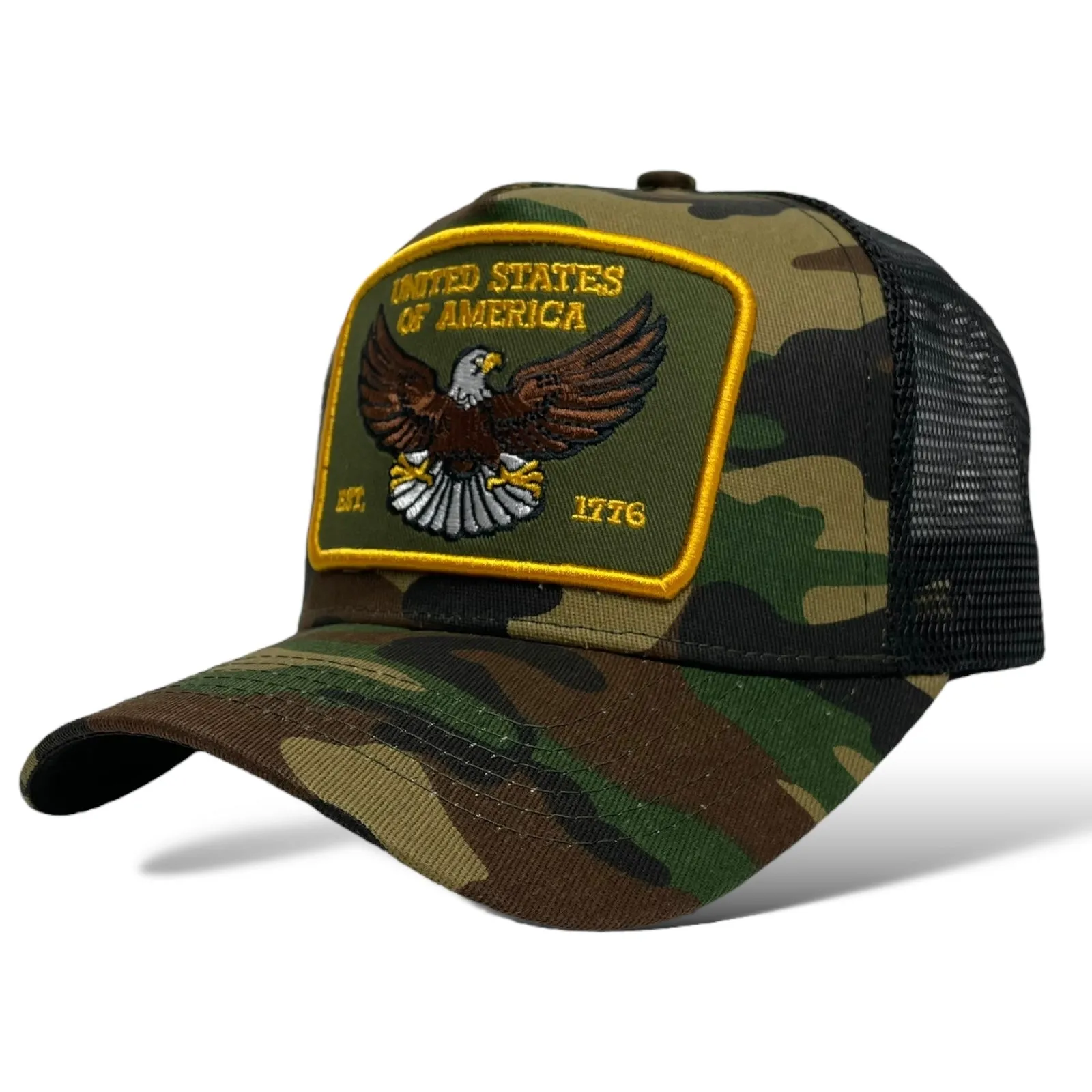 USA Eagle EST. 1776 Camouflage Snapback Trucker Hat, Camo, Curved Brim