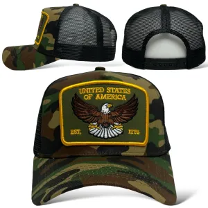USA Eagle EST. 1776 Camouflage Snapback Trucker Hat, Camo, Curved Brim