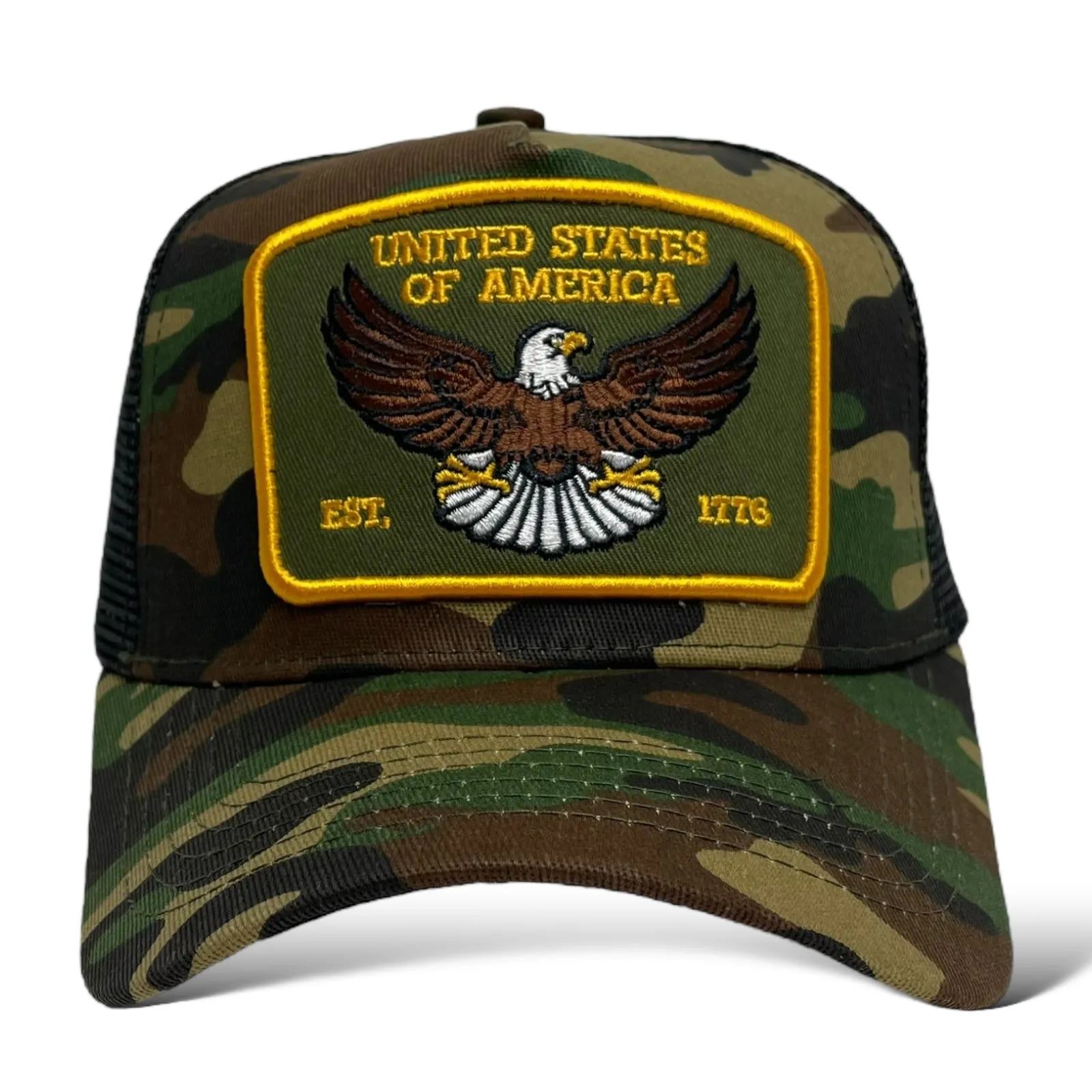USA Eagle EST. 1776 Camouflage Snapback Trucker Hat, Camo, Curved Brim