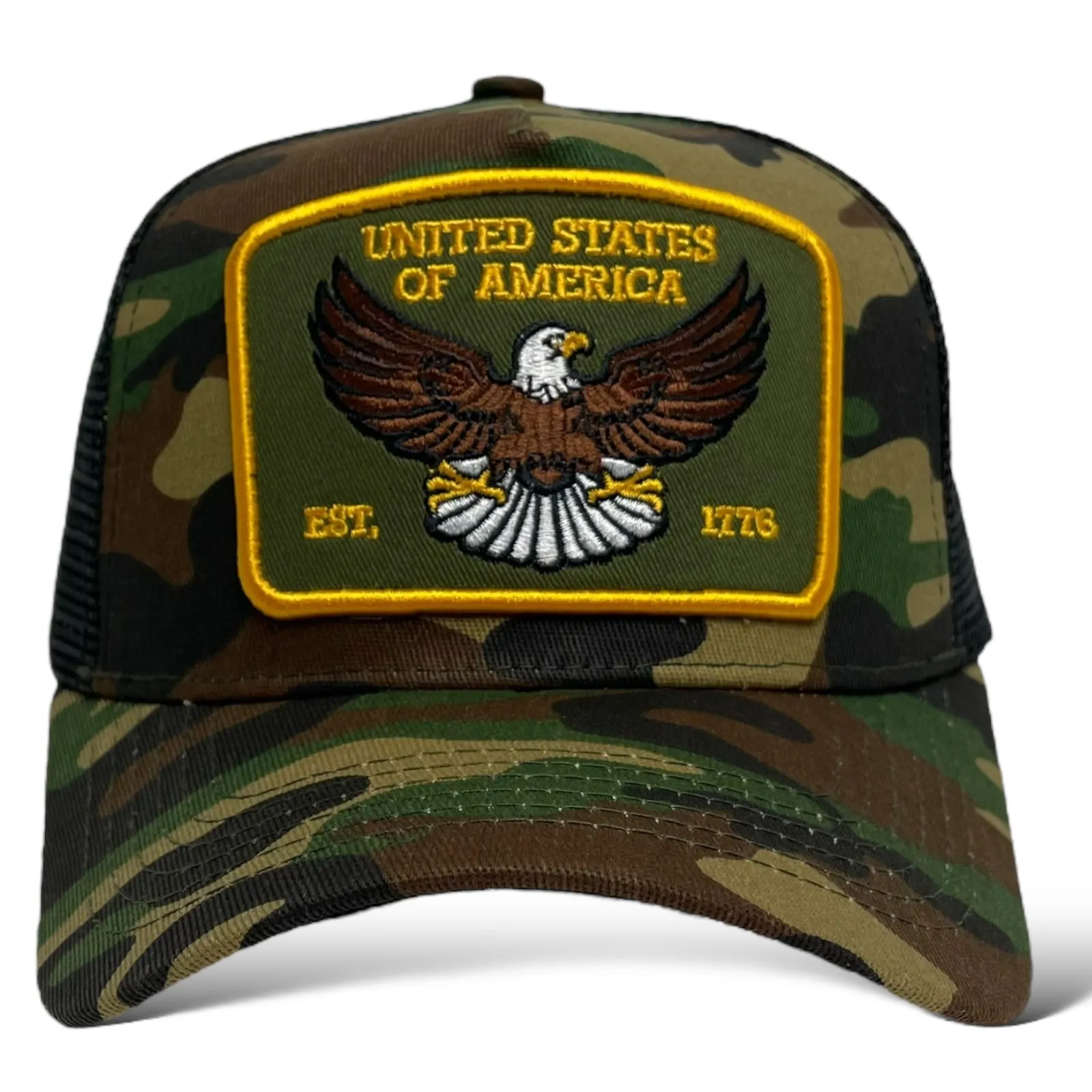 USA Eagle EST. 1776 Camouflage Snapback Trucker Hat, Camo, Curved Brim