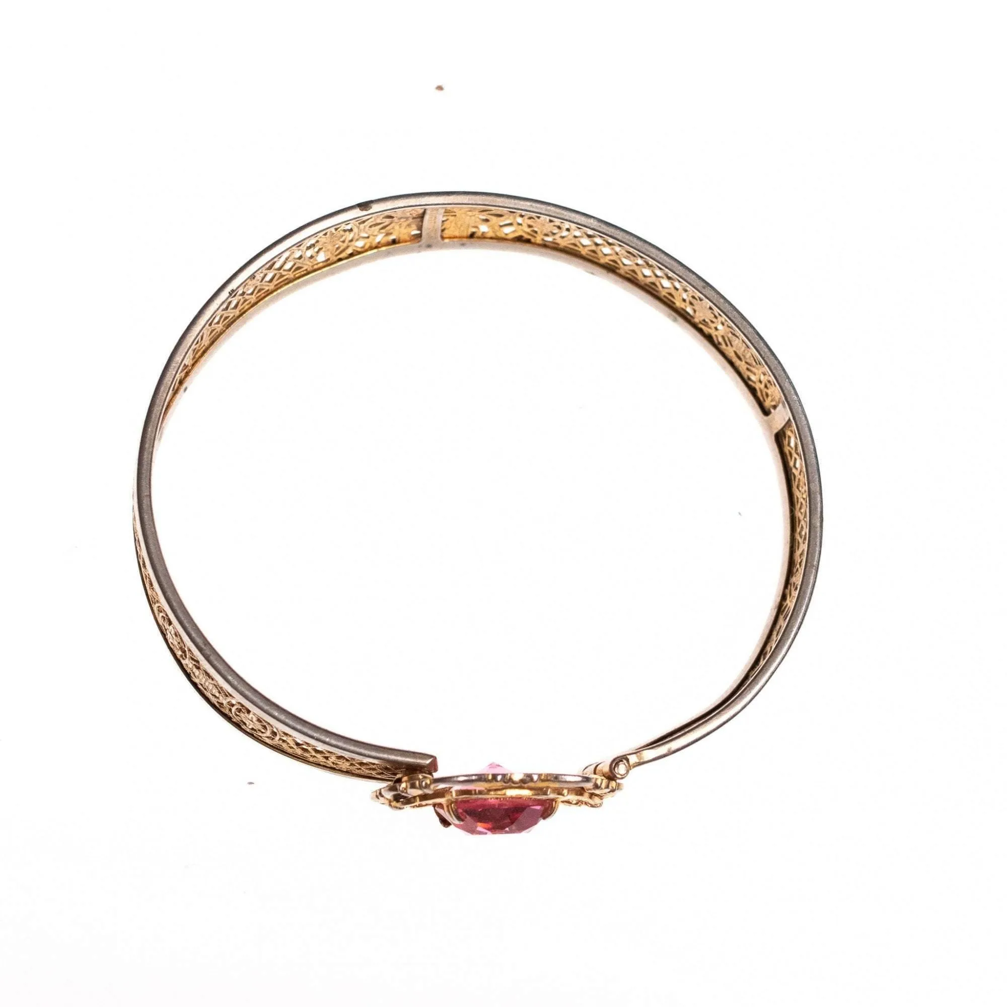 Vintage Edwardian Filigree Lattice Bracelet with Pink Rhinestone Buckle