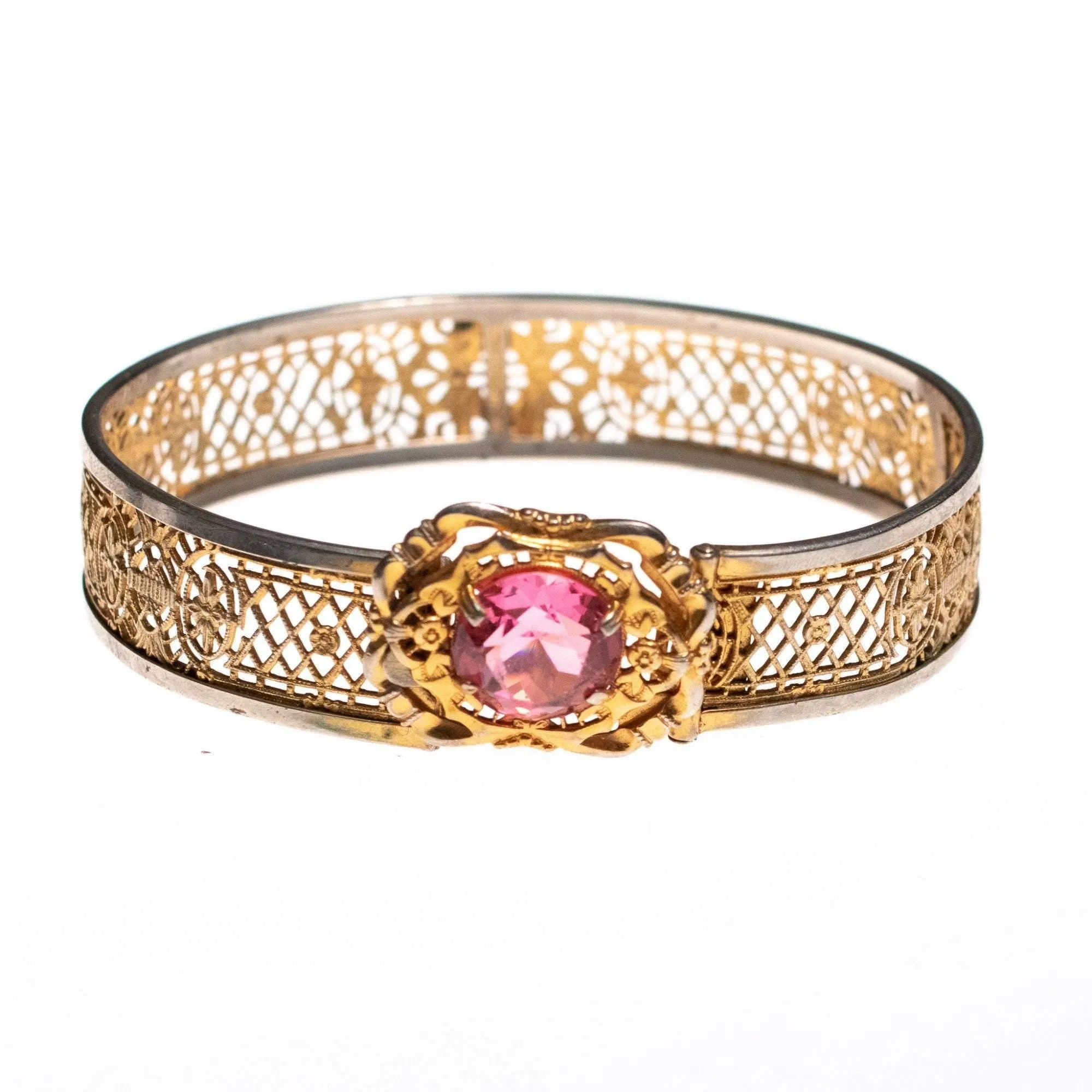 Vintage Edwardian Filigree Lattice Bracelet with Pink Rhinestone Buckle