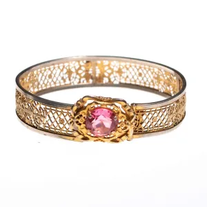 Vintage Edwardian Filigree Lattice Bracelet with Pink Rhinestone Buckle