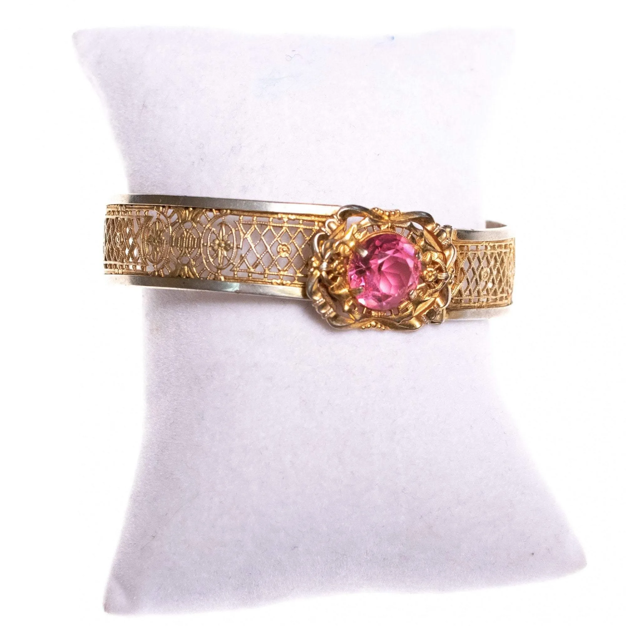Vintage Edwardian Filigree Lattice Bracelet with Pink Rhinestone Buckle