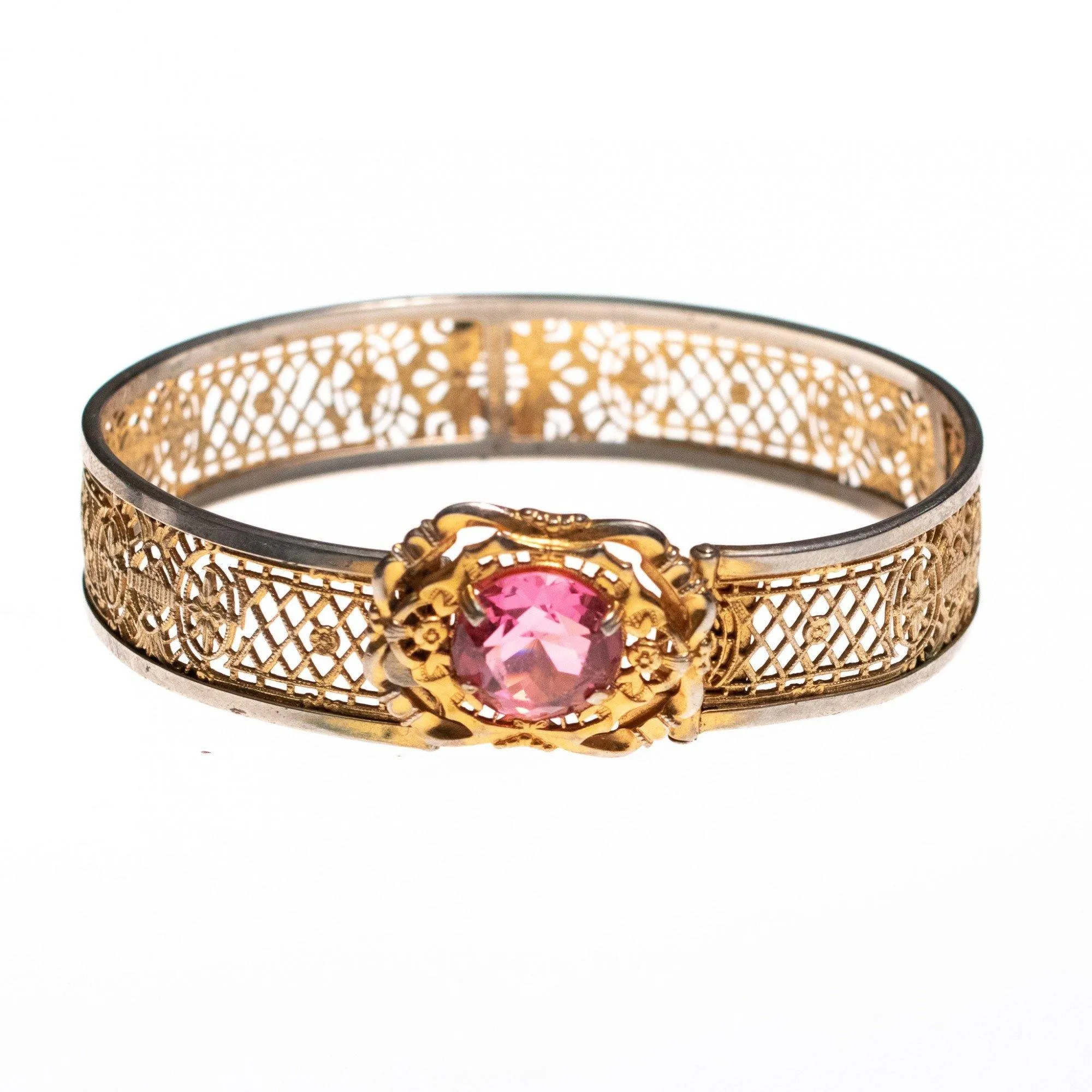 Vintage Edwardian Filigree Lattice Bracelet with Pink Rhinestone Buckle