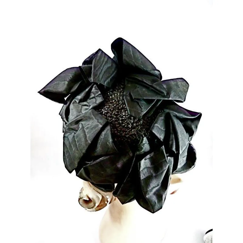 Vintage Ladies Black Hat Military Style Straw /Moire Ribbon Fascinator 1940s