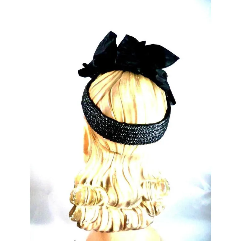 Vintage Ladies Black Hat Military Style Straw /Moire Ribbon Fascinator 1940s