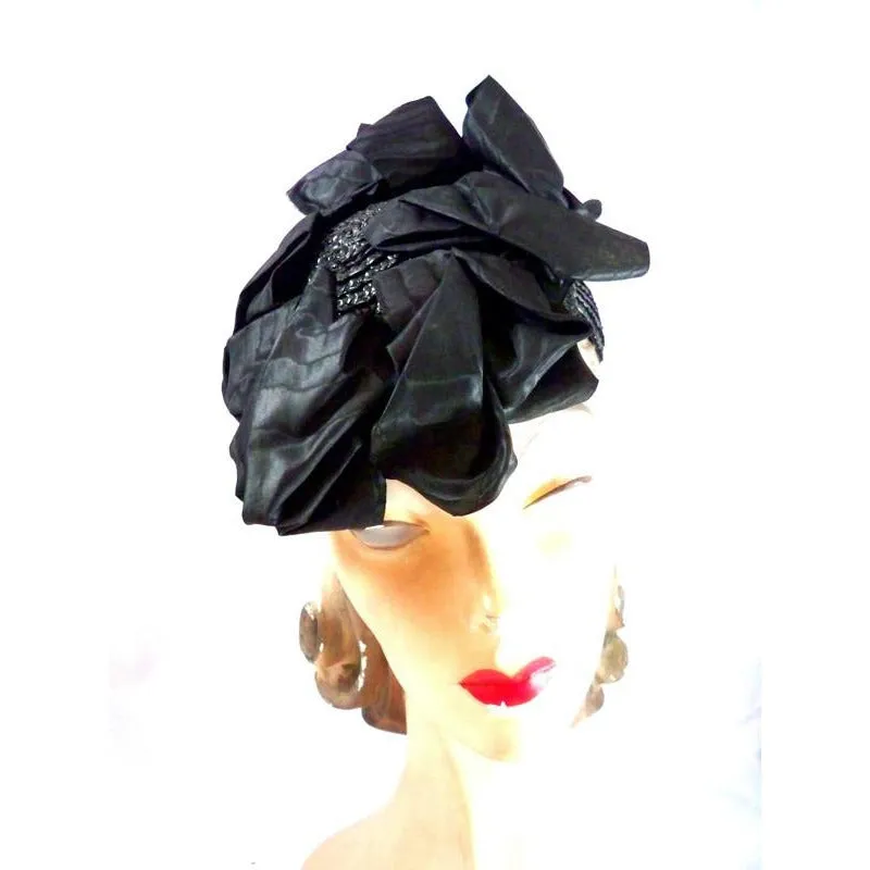 Vintage Ladies Black Hat Military Style Straw /Moire Ribbon Fascinator 1940s