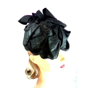 Vintage Ladies Black Hat Military Style Straw /Moire Ribbon Fascinator 1940s