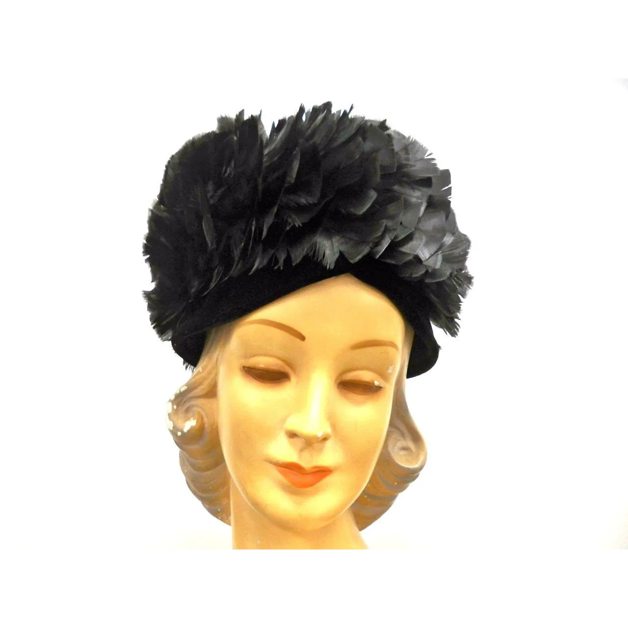 Vintage Ladies Bubble Hat Large Black Turkey Feather 1950S