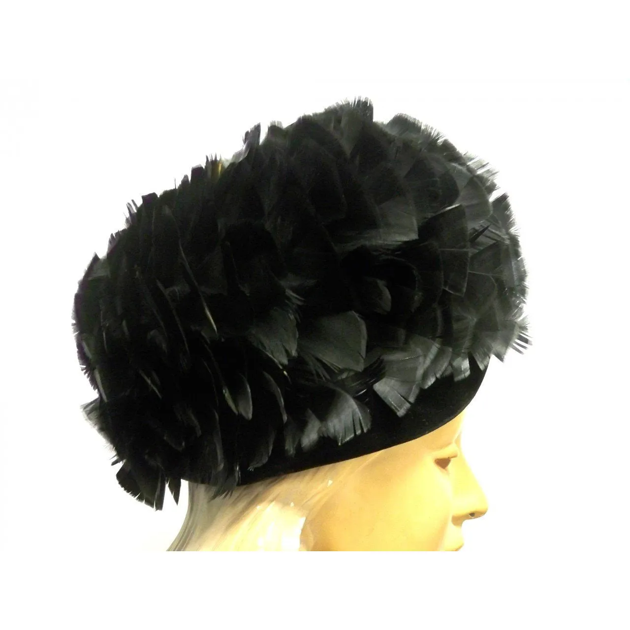 Vintage Ladies Bubble Hat Large Black Turkey Feather 1950S