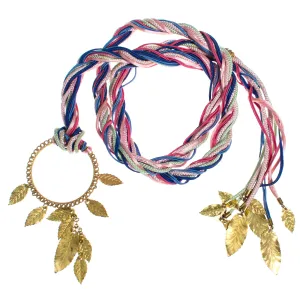 Vintage Miriam Haskell Blue, Pink, Turquoise, Purple Silk Ribbon Belt with Russian Gilt Leaf Charms