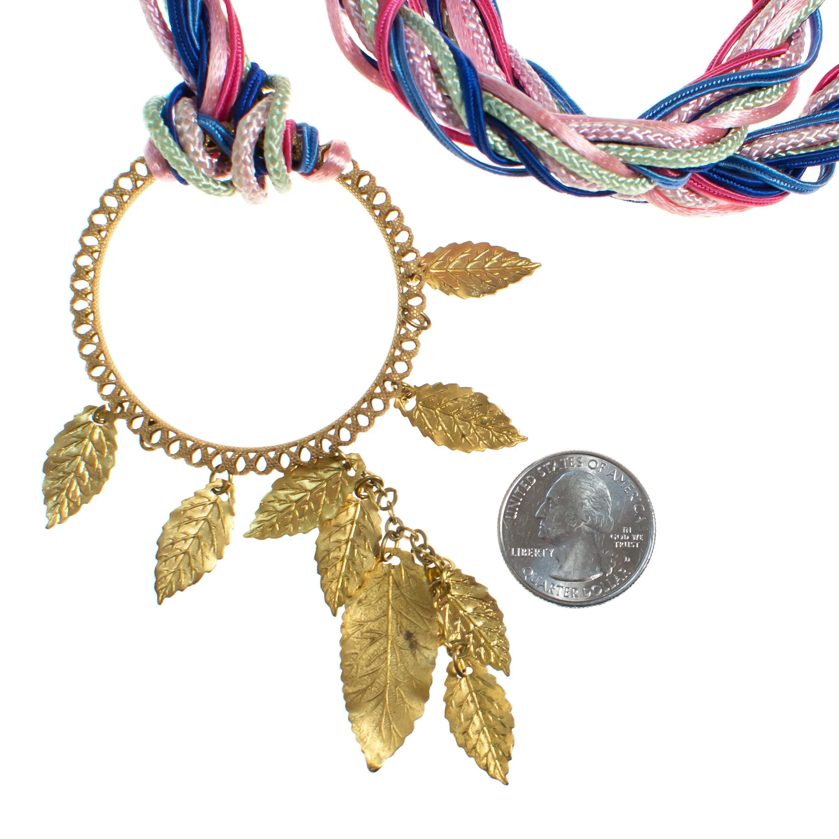 Vintage Miriam Haskell Blue, Pink, Turquoise, Purple Silk Ribbon Belt with Russian Gilt Leaf Charms