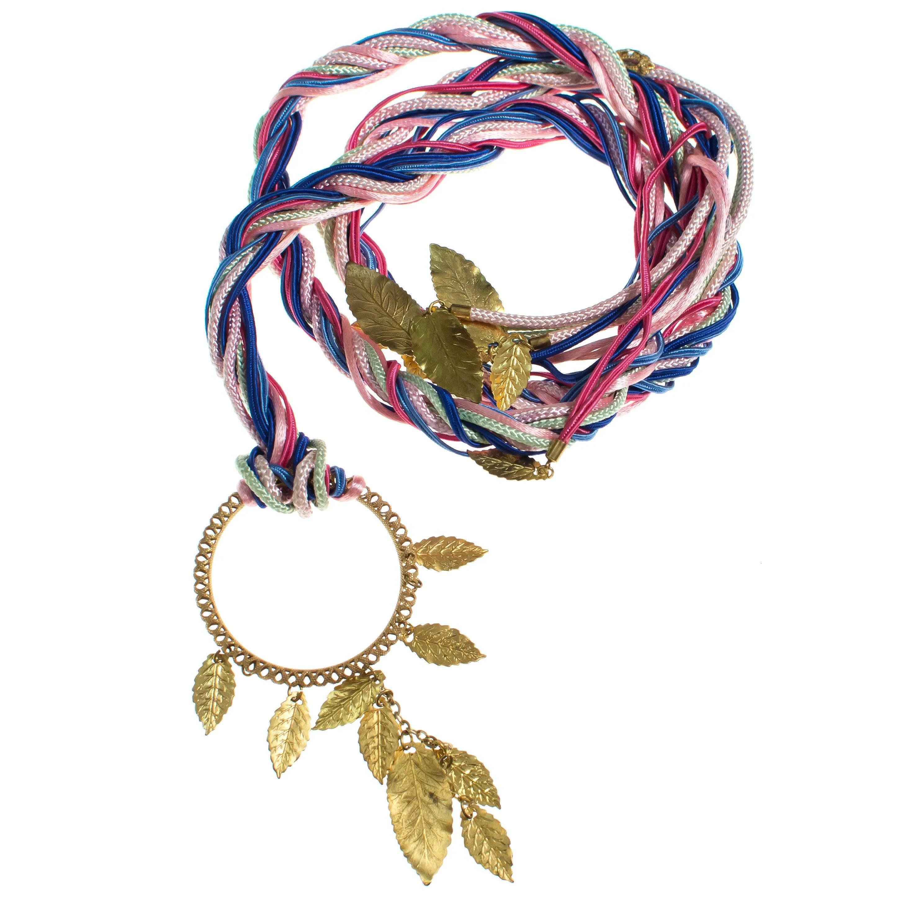 Vintage Miriam Haskell Blue, Pink, Turquoise, Purple Silk Ribbon Belt with Russian Gilt Leaf Charms