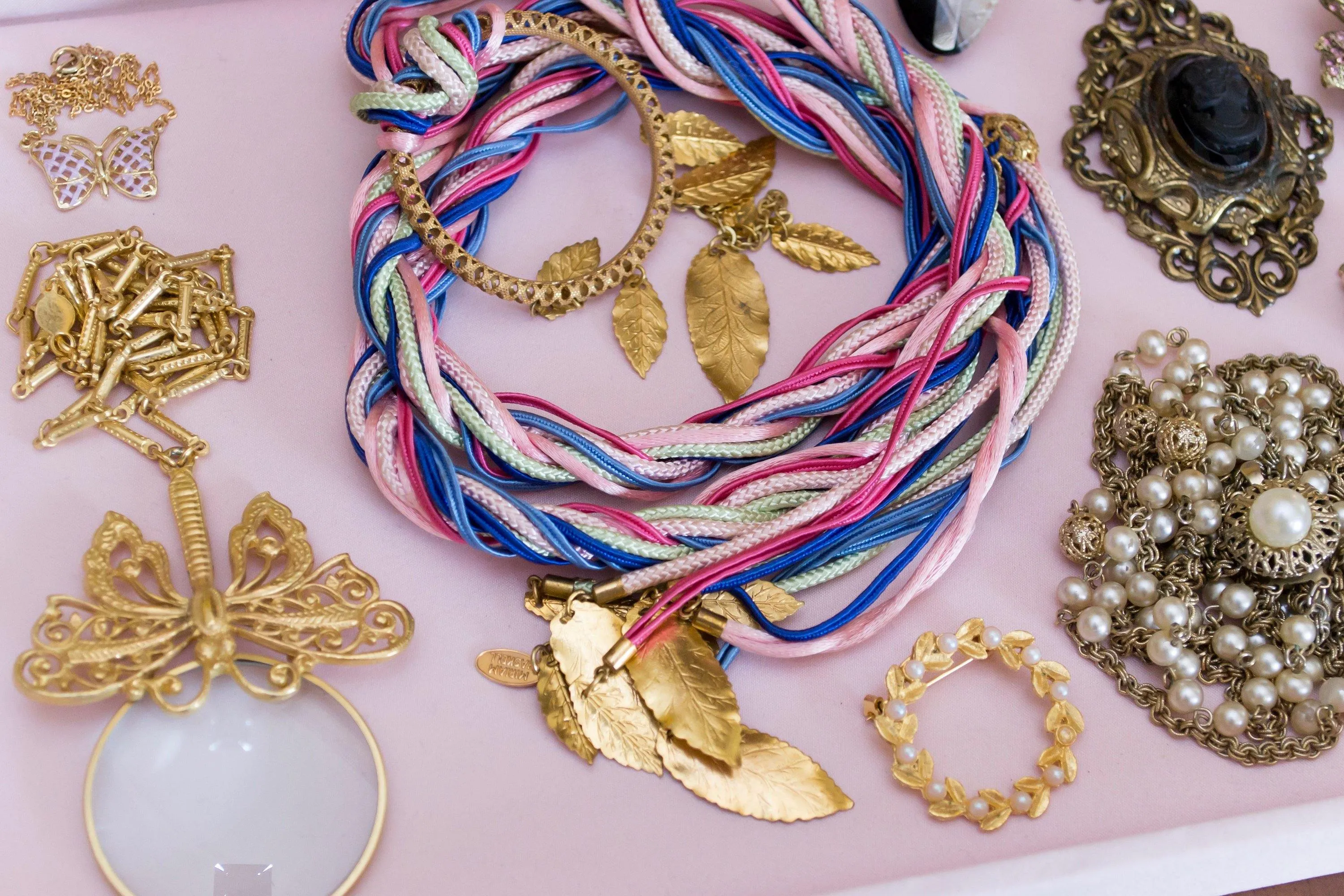 Vintage Miriam Haskell Blue, Pink, Turquoise, Purple Silk Ribbon Belt with Russian Gilt Leaf Charms