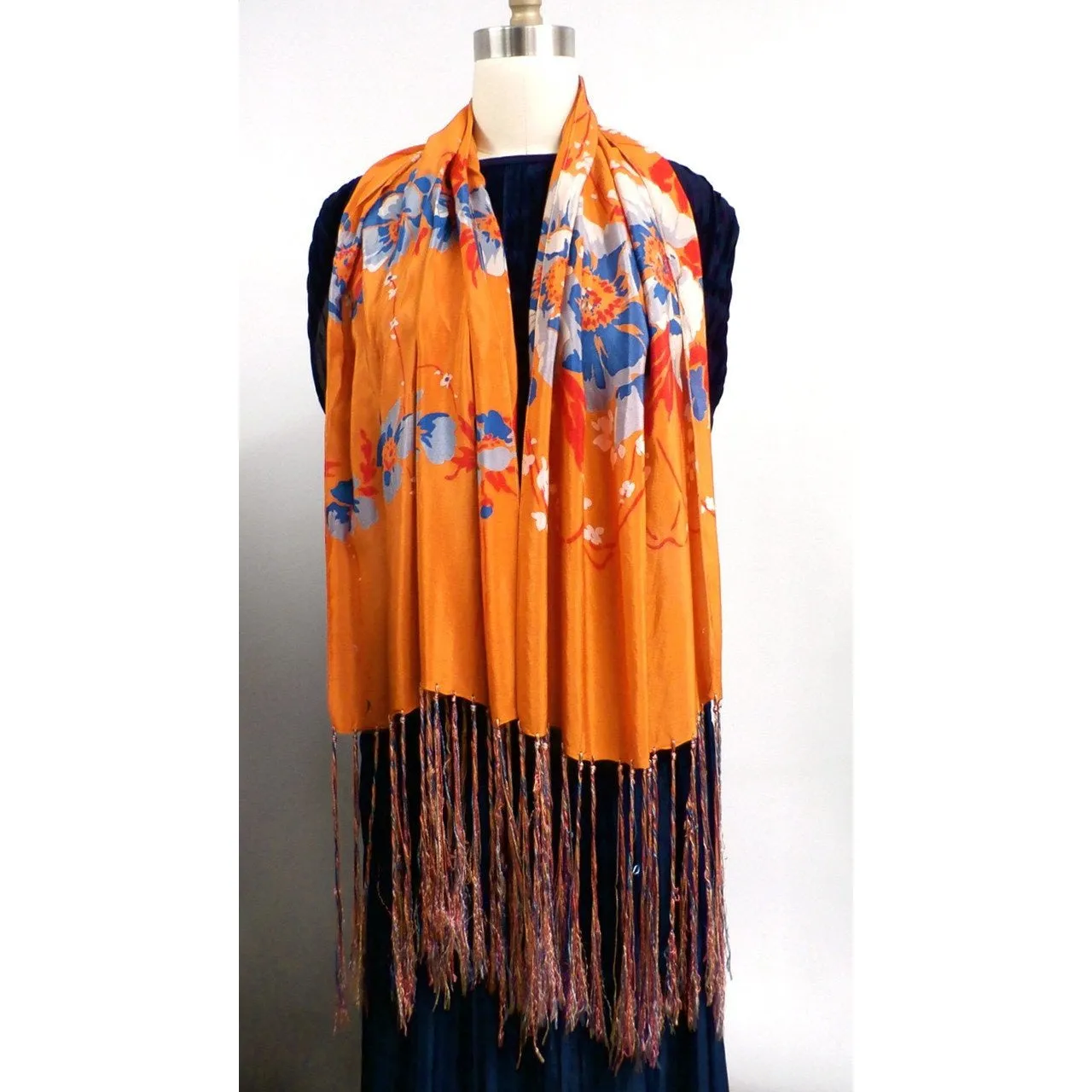 Vintage Womens Silk  Scarf 1920s Floral Orange/Blue Long