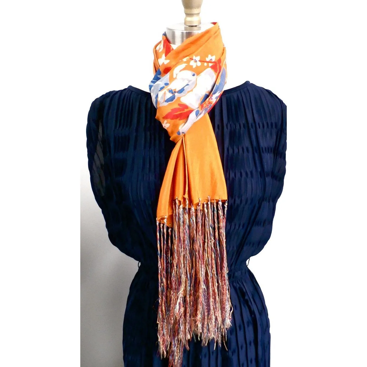 Vintage Womens Silk  Scarf 1920s Floral Orange/Blue Long