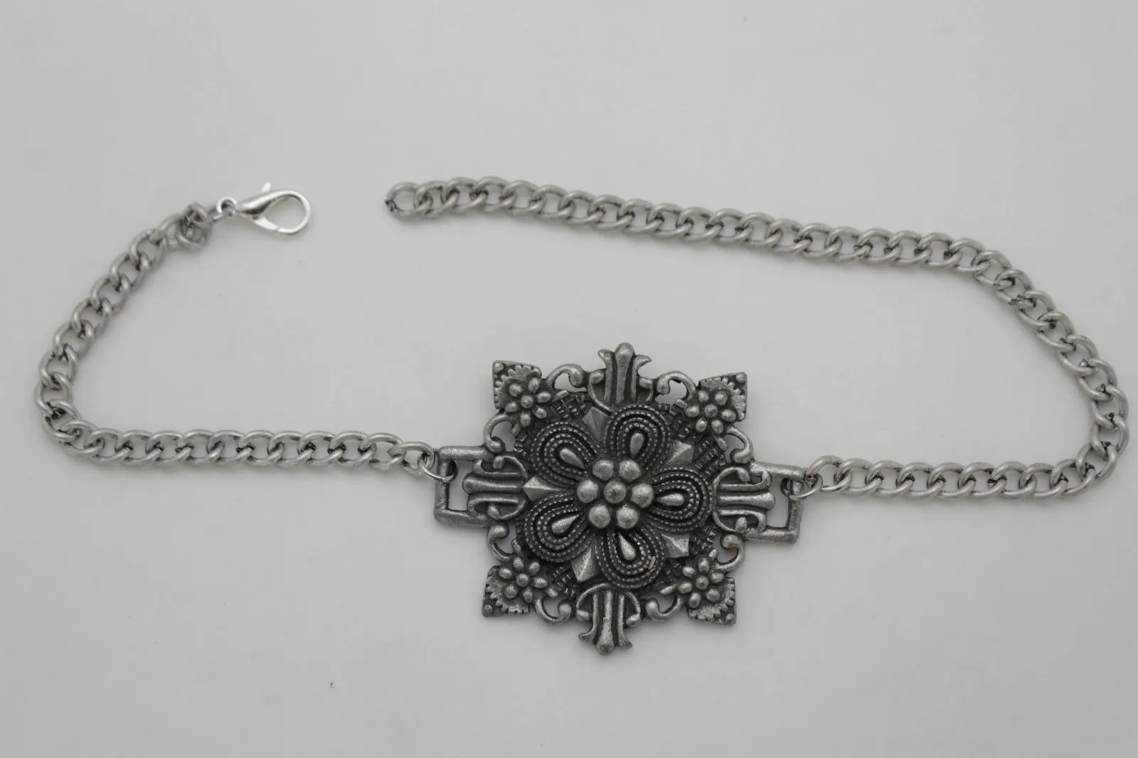 Women Stylish Boot Bracelet Antique Silver Metal Chain Shoe Bling Flower Charm
