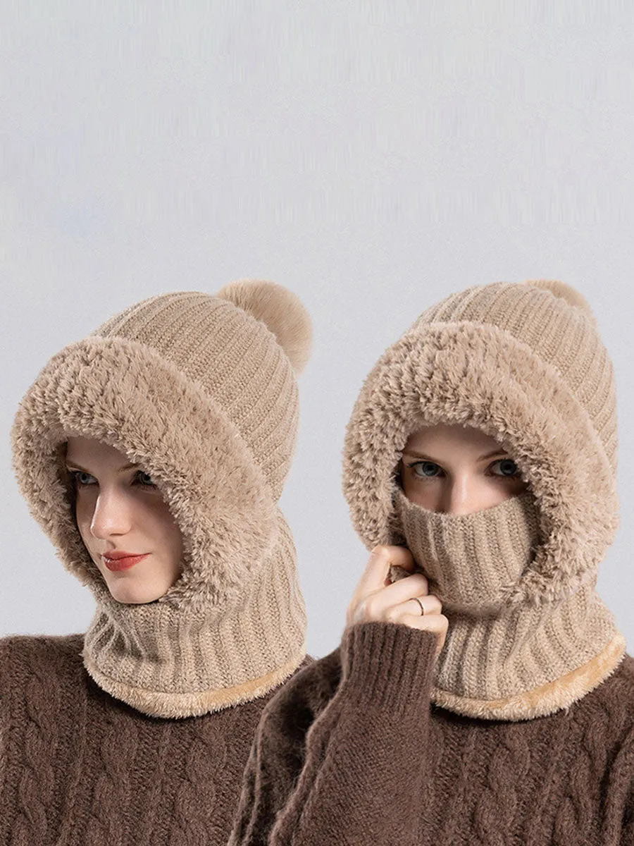Women Winter Warm Knitted Plush Scarf Hat