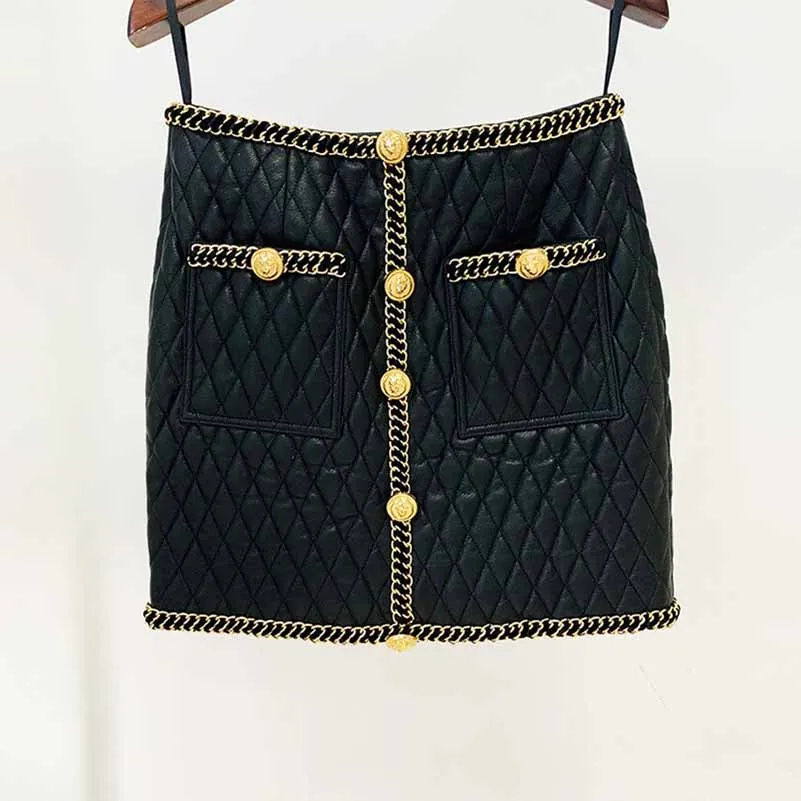 Women's Faux Leather Golden Buttons Loose Fit Jacket   Mini Skirt Suit Black Fashion Suit
