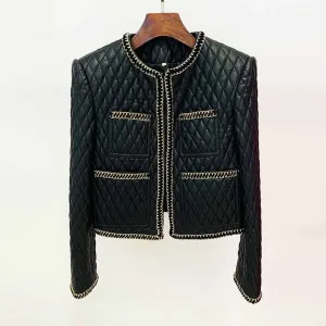 Women's Faux Leather Golden Buttons Loose Fit Jacket   Mini Skirt Suit Black Fashion Suit