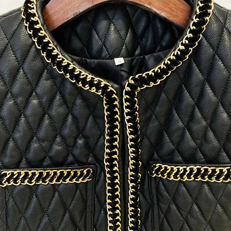 Women's Faux Leather Golden Buttons Loose Fit Jacket   Mini Skirt Suit Black Fashion Suit