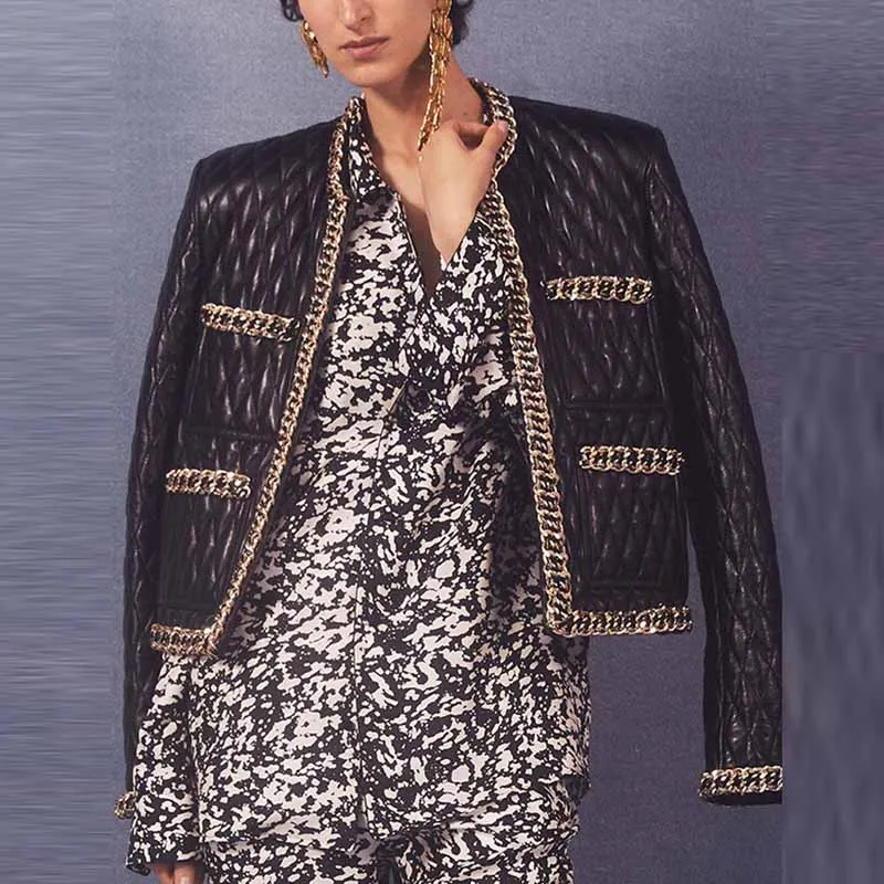 Women's Faux Leather Golden Buttons Loose Fit Jacket   Mini Skirt Suit Black Fashion Suit